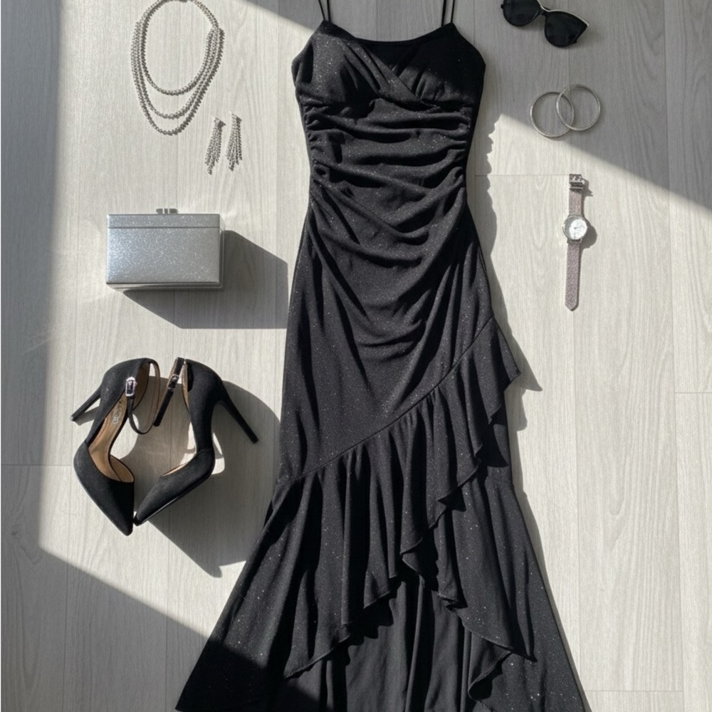 Triangles Black Glitter Ruffle High-Low Dress M
